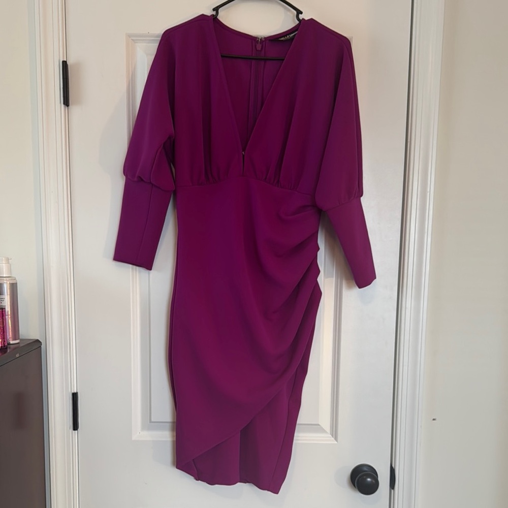 Purple Ruched Bodycon Dress with Long Dolman Sleeves for Cocktail